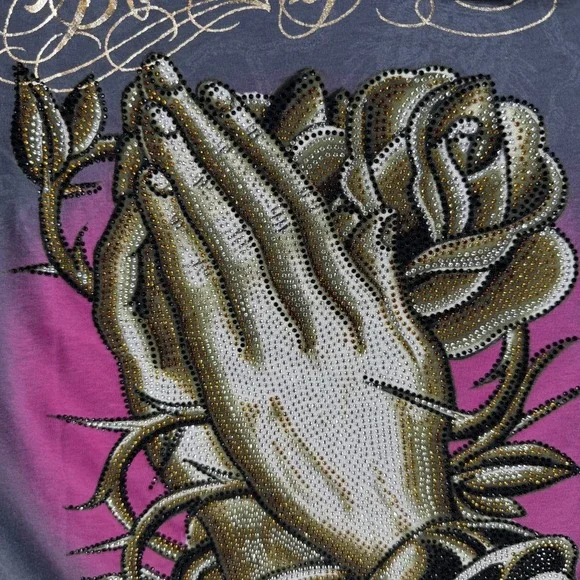 Christian Audigier Shirt Men XXL Grey Long Sleeve Tee Praying Hands Rhinestone